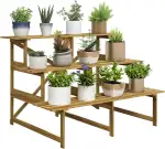 Outsunny 3-Etagen Pflanzenständer, 78 cm hoch klappbarer Blumenhocker für Innen Außen, Blumenständer mit Tabletts, Blumentreppe aus Holz, Pflanzenregal für Garten Balkon, Wohnzimmer, Naturholz