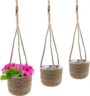 Spetebo Seegras Blumenampel 3er Set Natur - 23/20 / 17 cm - Deko Korbset zum Hän