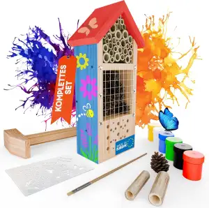 Eli® Insektenhotel Bausatz für Kinder aus Kiefernholz zum Bemalen – inkl 6 Farben - Pinsel - Hammer - Nägel - Schablonen & Vorlagen – DIY Bienenhaus & Wildbienenhotel für Garten & Balkon