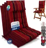 Beautissu 4er Set Premium Hochlehner Auflage mit Kopfpolster 120x50cm Sun-HL – 8cm Dick Polster Gartenstuhlauflage rutschfest Befestigungsbänder UV-Lichtechtheit 5 – Robust Stoff Rot Gestreift