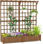 GOPLUS Pflanzkasten mit Rankgitter, Blumenkasten mit Ablauflöchern & Spalier, Gartenbeet Pflanzkübel Rankgitter Rankhilfe für Garten & Balkon (180 x 48 x 183 cm) (L,Braun)