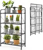 HOMASIS Pflanzregal mit 4 Ebenen, Klappbarer Pflanzenständer aus Metall, Blumenregal mit verstellbare Ablagen, Mehrzweckregal Blumentreppe Pflanzentreppe für Balkon, Garten, 60 x 25 x 100 cm, Schwarz