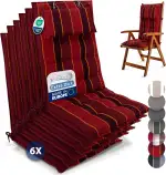 Beautissu 6er Set Premium Hochlehner Auflage mit Kopfpolster 120x50cm Sun-HL – 8cm Dick Polster Gartenstuhlauflage rutschfest Befestigungsbänder UV-Lichtechtheit 5 – Robust Stoff Rot Gestreift