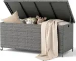 Amopatio 480L Gartenbox Auflagenbox wasserdicht, Kissenbox Outdoor aus Polyrattan, Aufbewahrungsbox Metall mit Rollen & Gasdruckfedern, Gartenkiste wetterfest für Garten, Balkon, Grau