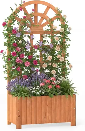 HOMASIS Pflanzkübel mit Rankgitter, Blumenkasten mit Spalier, Pflanzkasten aus Massivholz, Hochbe...