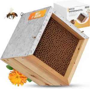 BEESI Bienenhotel mit Metalldach I 600 Nisthülsen aus Pappe 6 & 8 mm Ø I Insekte