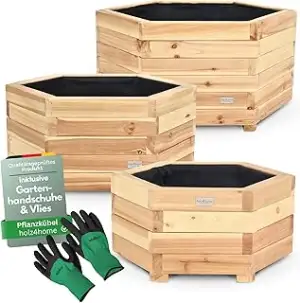 holz4home® 3er Set Outdoor Pflanzkübel I 6-Eckig aus Tannenholz I inkl. Gartenha