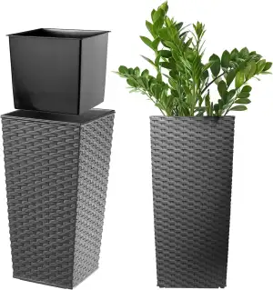 KADAX Pflanzkübel mit Innentopf, Höhe 46.5cm, Grafit Rattan – Wetterfester Blume
