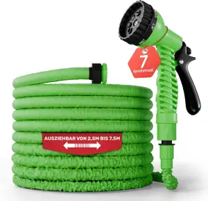 Flexibler Gartenschlauch [7,5m lang, grün] inkl. Brause und Adapter 1/2 Zoll & 3