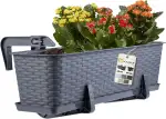 KADAX Blumenkasten 60 cm Grafit mit Halterungen & Untersetzer, Rattan-Optik – Pflanzkübel für Geländer, langlebiger Balkonkasten