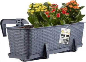 KADAX Blumenkasten 60 cm Grafit mit Halterungen & Untersetzer, Rattan-Optik – Pf