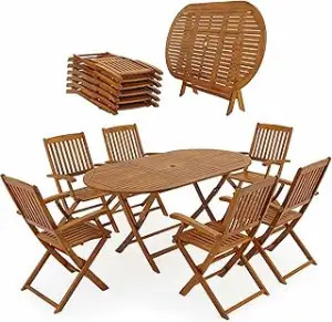 Casaria® Gartenmöbel Set Holz Wetterfest Klappbar 7-TLG. Schirmständer Armlehnen