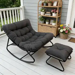 Schaukelstuhl Schaukelsessel, Schaukelstuhl mit Hocker, Outdoor Lesesessel mit Gepolsterter, Extra Groß Wohnzimmer Relaxstuhl, Belastbarkeit bis 150kg, für Garten Balkon Terrasse (Grau)