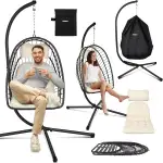 Hängesessel mit Gestell - Hängestuhl höhenverstellbar & faltbar – Schaukel inkl. bequemen Kissen – Polyrattan Korbsessel für Outdoor & Indoor mit Schutzhülle – für Erwachsene (Beige)