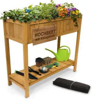 STREND PRO Hochbeet Balkon | 76cm(h) x 33cm(b) x 89(l) | Gemüsebeet Holz mit Ablage & wasserdicht...