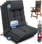 Beautissu 4er Set Premium Hochlehner Auflage mit Kopfpolster 120x50cm Sun-HL – 8cm Dick Polster Gartenstuhlauflage rutschfest Befestigungsbänder UV-Lichtechtheit 5 – Robust Stoff Uni Anthrazit