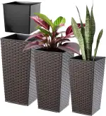 KADAX 3er Set Pflanzkübel mit Innentopf 36/46,5/57,5 cm Höhe, Mokka Rattan – wetterfeste & robuste Blumenkübel aus Kunststoff, Blumentöpfe für Innen- & Außenbereich