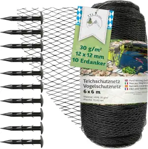 TTL GARDEN 6x6m Teichnetz Vogelschutznetz schwarz 30g/m² - 12x12mm engmaschig St