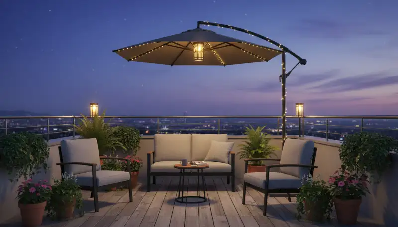 Solar Schirmbeleuchtung: Abendstimmung auf dem Balkon